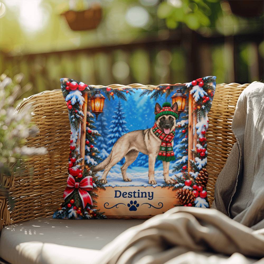 Belgian Malinois (Cream Sable Coat) - Personalized Winter Woodland Pillow, Custom Dog Name Gift