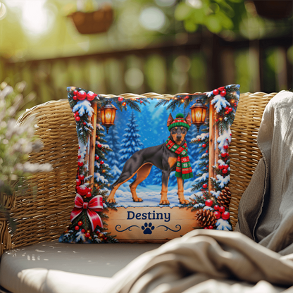 Doberman (Blue & Rust Coat, Alternate Tone) - Personalized Throw Pillow, Winter Dog Lover Gift