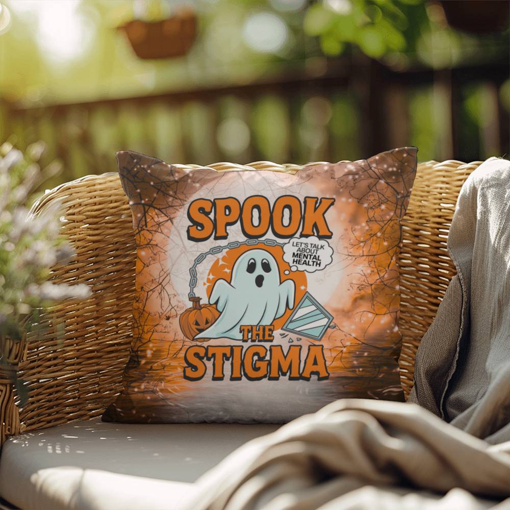 Ghost-themed indoor/outdoor Halloween pillow with “Spook The Stigma” for mental health awareness