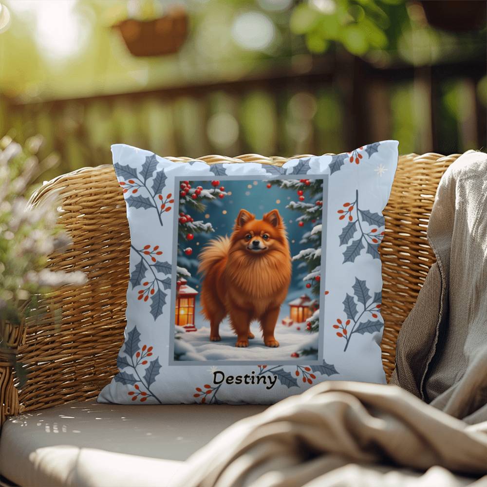 Pomeranian Red Pillow - Winter Pom throw pillow, indoor dog decor, festive home accent