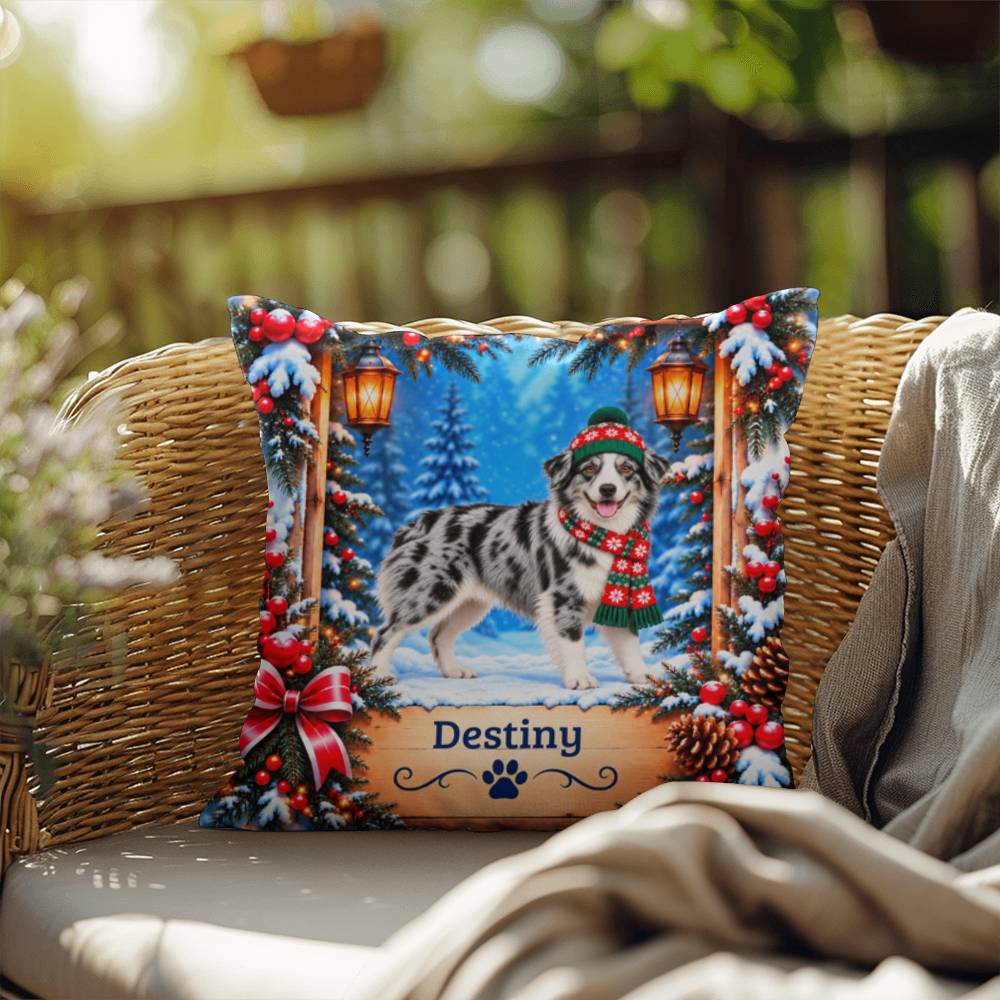 Australian Shepherd (Blue Merle & White Bi Coat) - Personalized Name Pillow, Snowy Forest Dog Gift