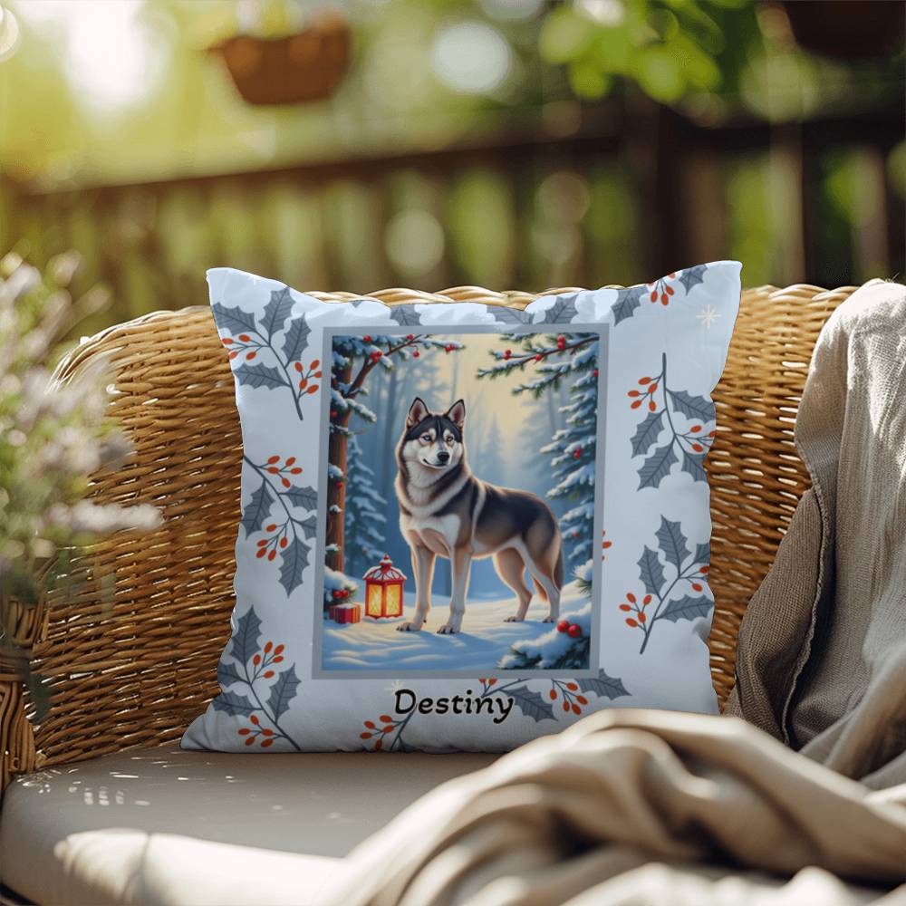 Husky Wolf Grey Pillow - Frosty Husky pillow, winter dog throw, seasonal indoor home accent