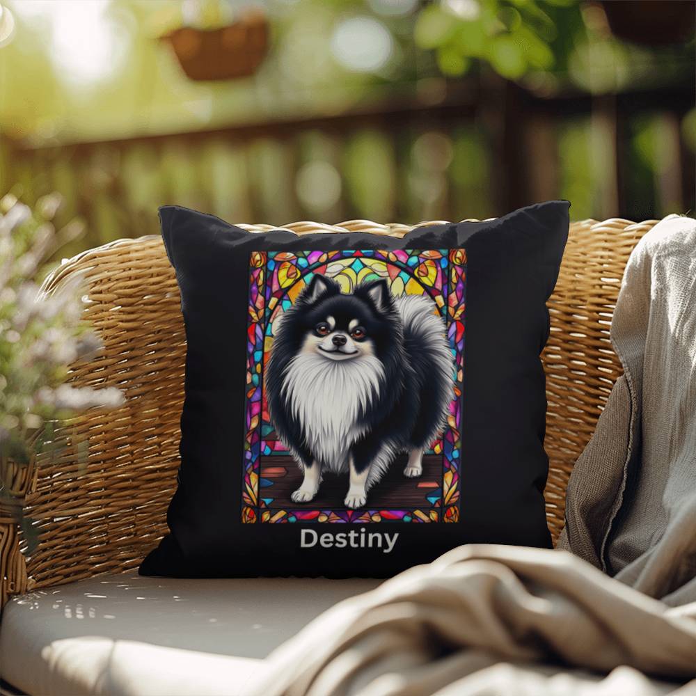 Pomeranian (Black and White) Indoor/Outdoor Pillow - Personalized Stained Glass Dog Tribute & Comfort Gift