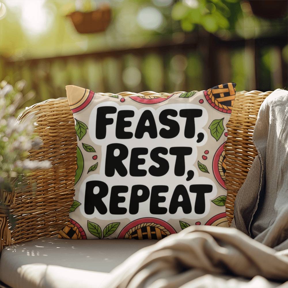 Feast, Rest, Repeat pillow featuring mindfulness message with cozy Thanksgiving and fall décor vibes