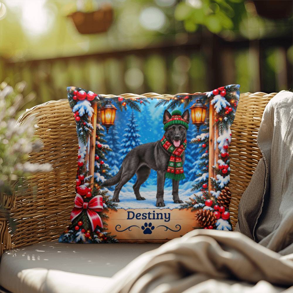 Belgian Malinois (Black Coat) - Personalized Snowy Forest Pillow, Indoor Outdoor Dog Name Gift