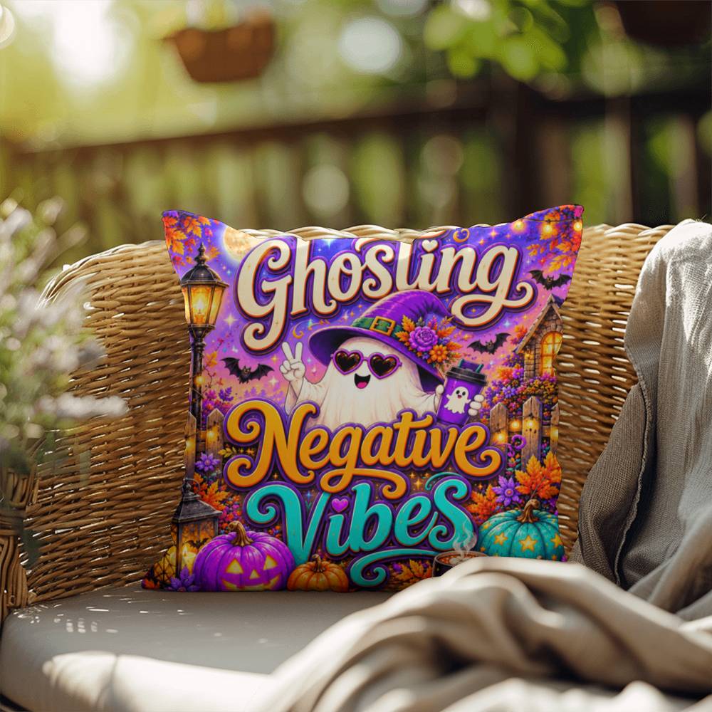 Ghosting Negative Vibes message with peace sign ghost artwork on a positive Halloween throw pillow