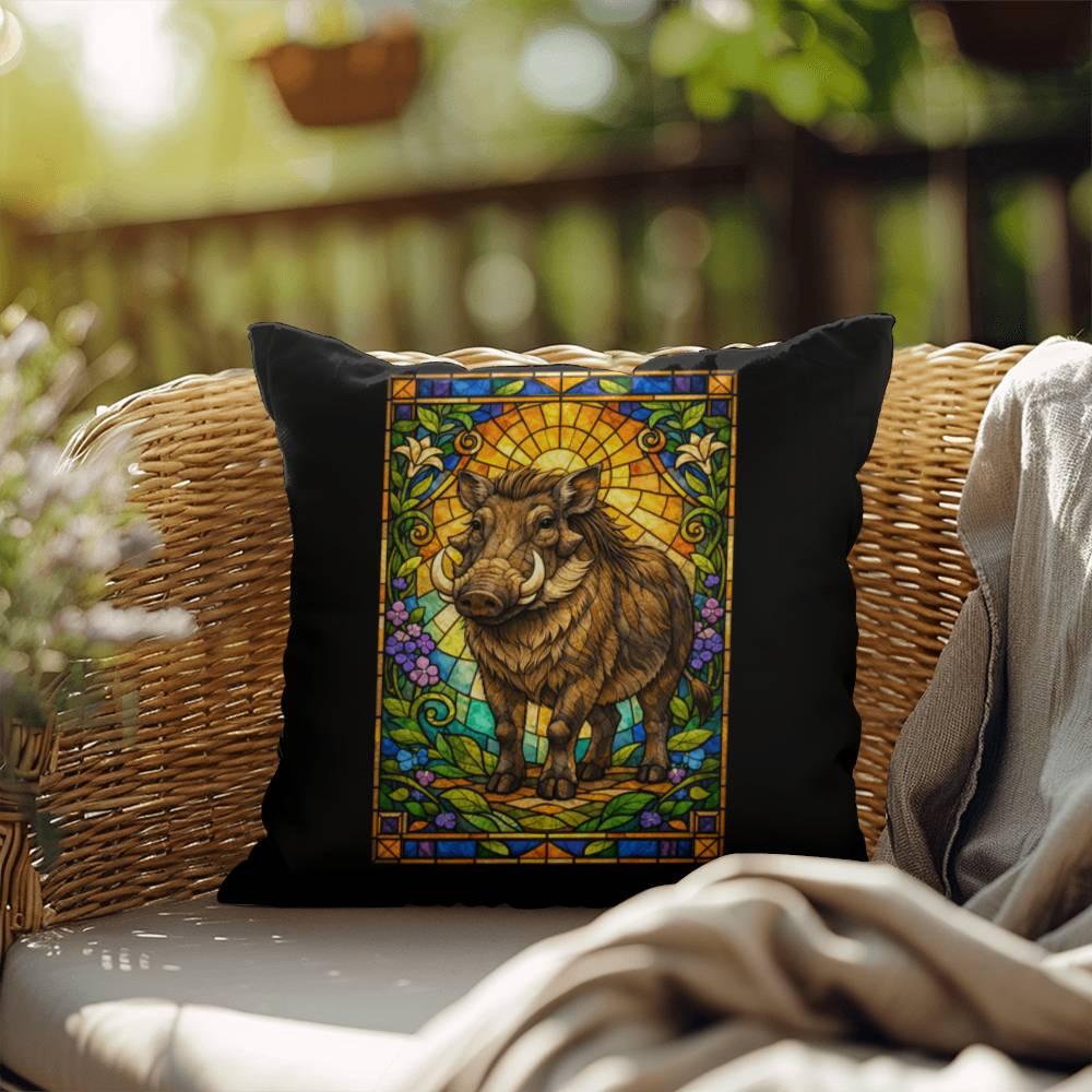 Shop our premium warthog stained glass style throw pillow from MySisterIsASurvivor.