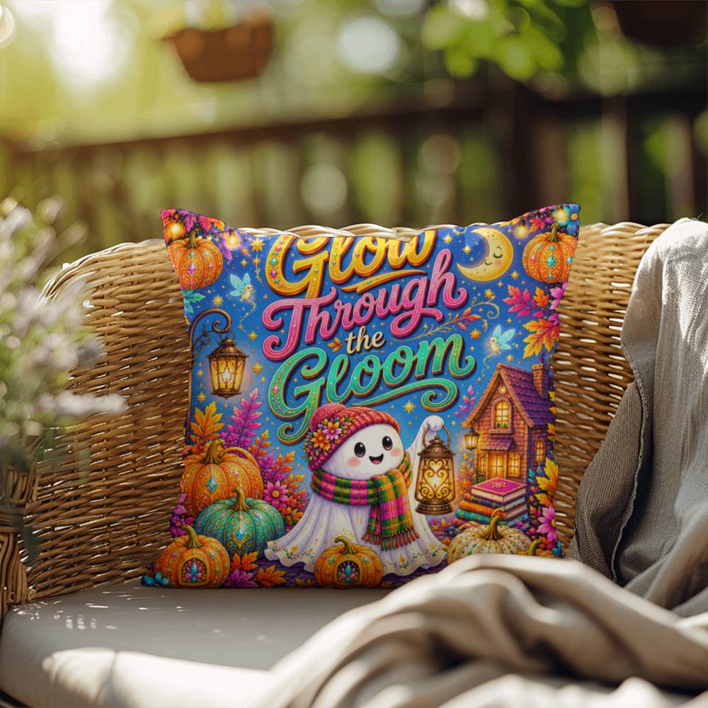 Glow Through The Gloom quote with ghost lantern artwork on an encouraging Halloween throw pillow