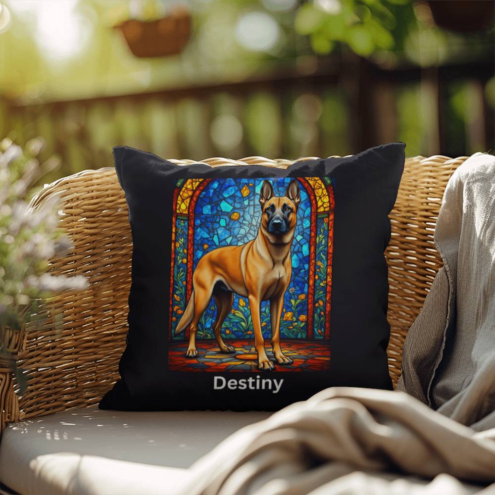 Belgian Malinois (Fawn) Indoor/Outdoor Pillow - Personalized Stained Glass Dog Tribute & Comfort Gift
