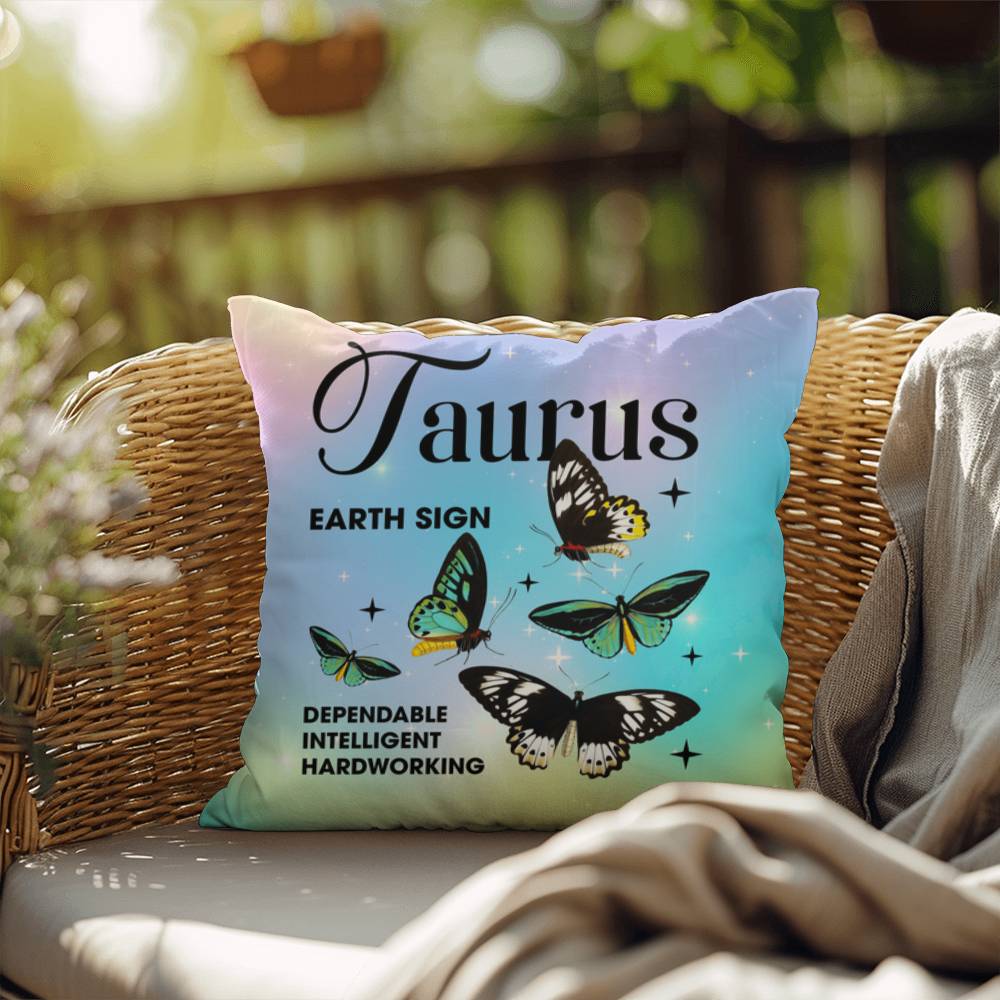 Taurus Butterfly Indoor/Outdoor Pillow – Zodiac Astrology Decor, Boho Accent for Home & Patio