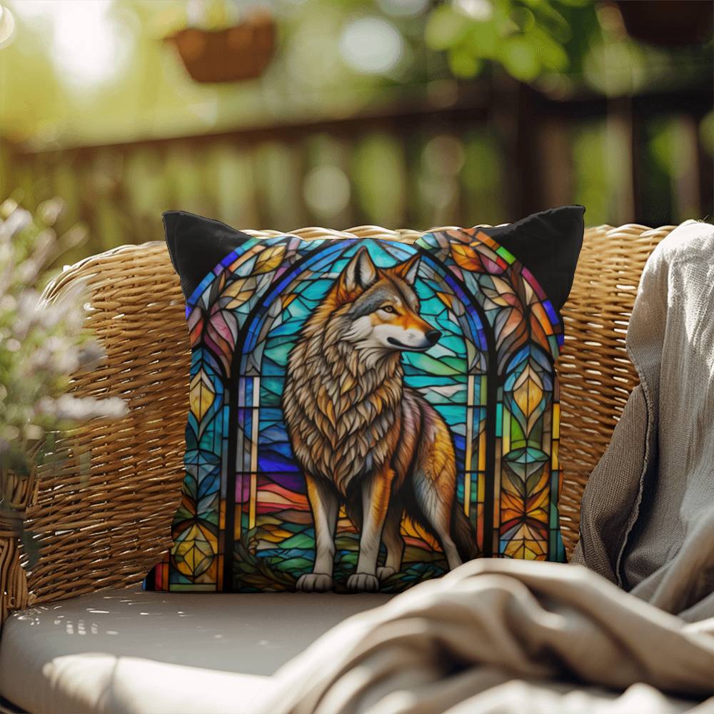 Wolf stained glass throw pillow, forest wildlife decor, indoor outdoor cozy home accent