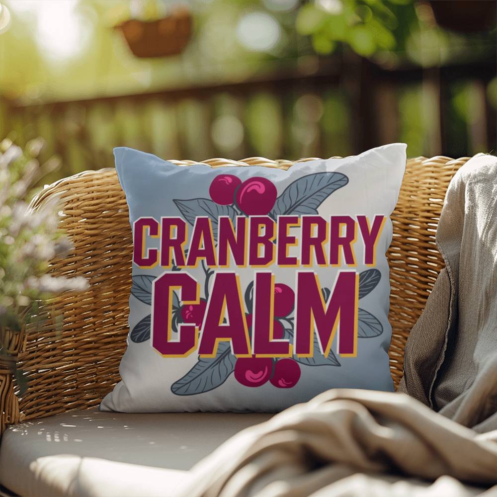 Cranberry Calm throw pillow with peaceful mindfulness quote and seasonal fall home décor accent