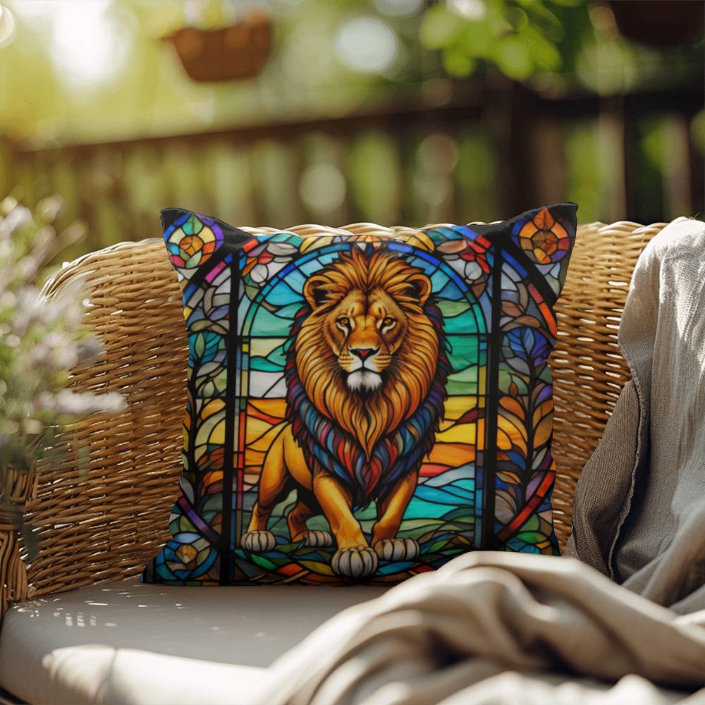 Lion stained glass throw pillow, safari wildlife home decor, indoor outdoor accent cushion