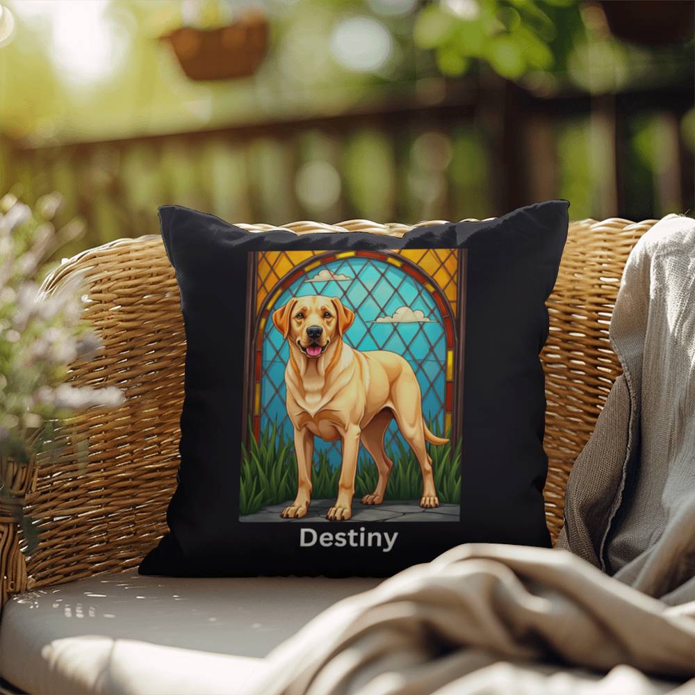 Yellow Labrador Retriever Pillow, personalized stained glass art for home or patio décor