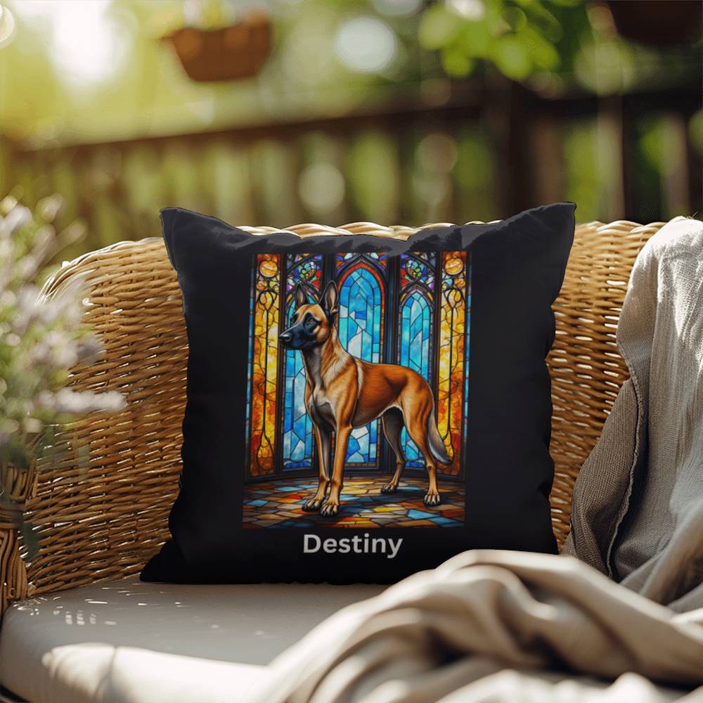 Belgian Malinois (Mahogany) Indoor/Outdoor Pillow - Personalized Stained Glass Dog Tribute & Comfort Gift
