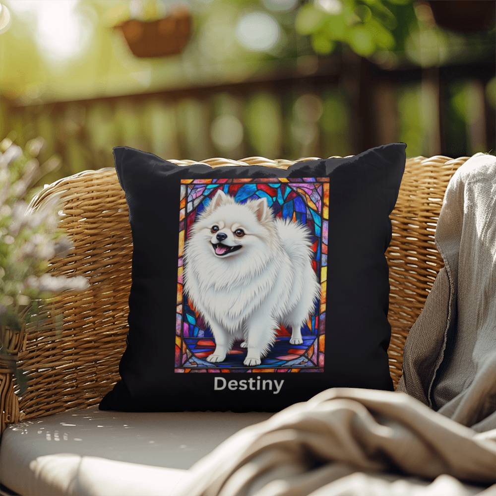 Pomeranian (White) Indoor/Outdoor Pillow - Personalized Stained Glass Dog Tribute & Comfort Gift