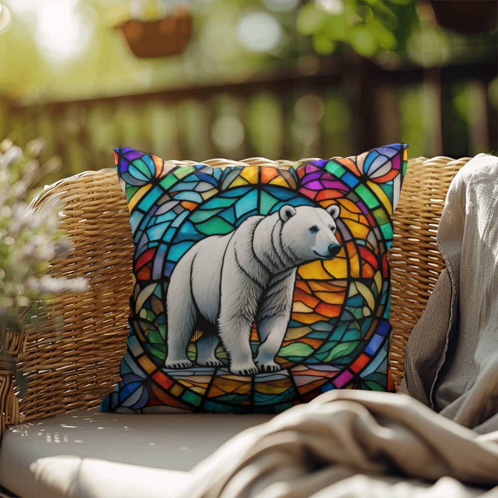 Polar Bear stained glass throw pillow, Arctic wildlife decor, indoor outdoor home accent
