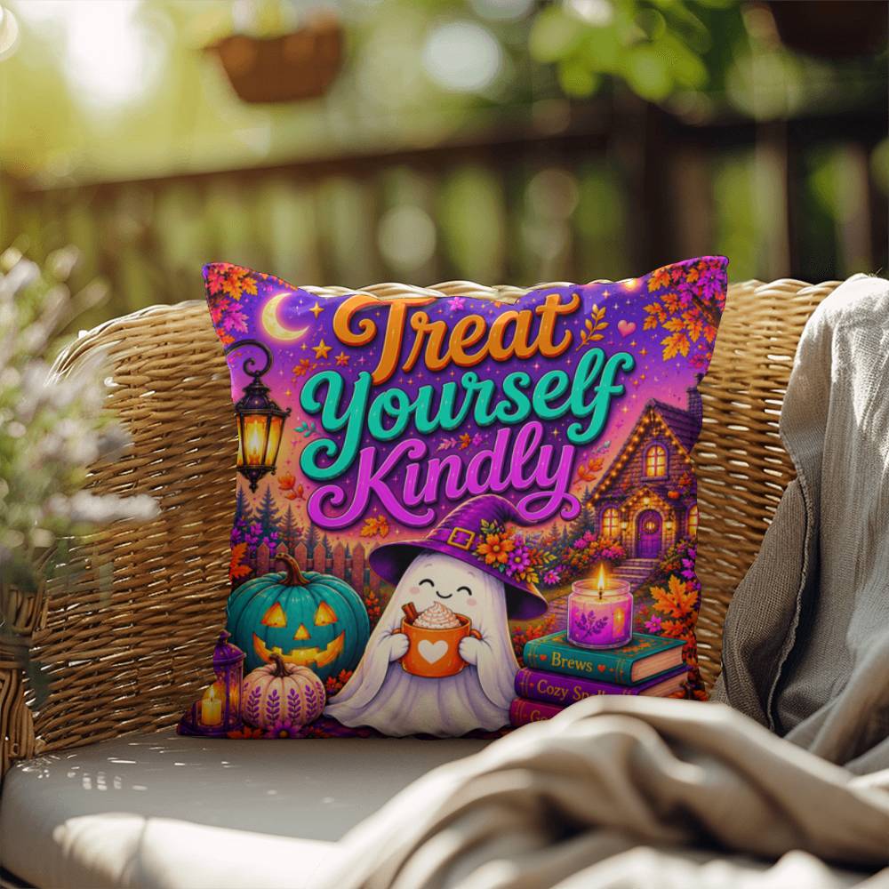 Treat Yourself Kindly message with self care inspired Halloween artwork on a decorative pillow