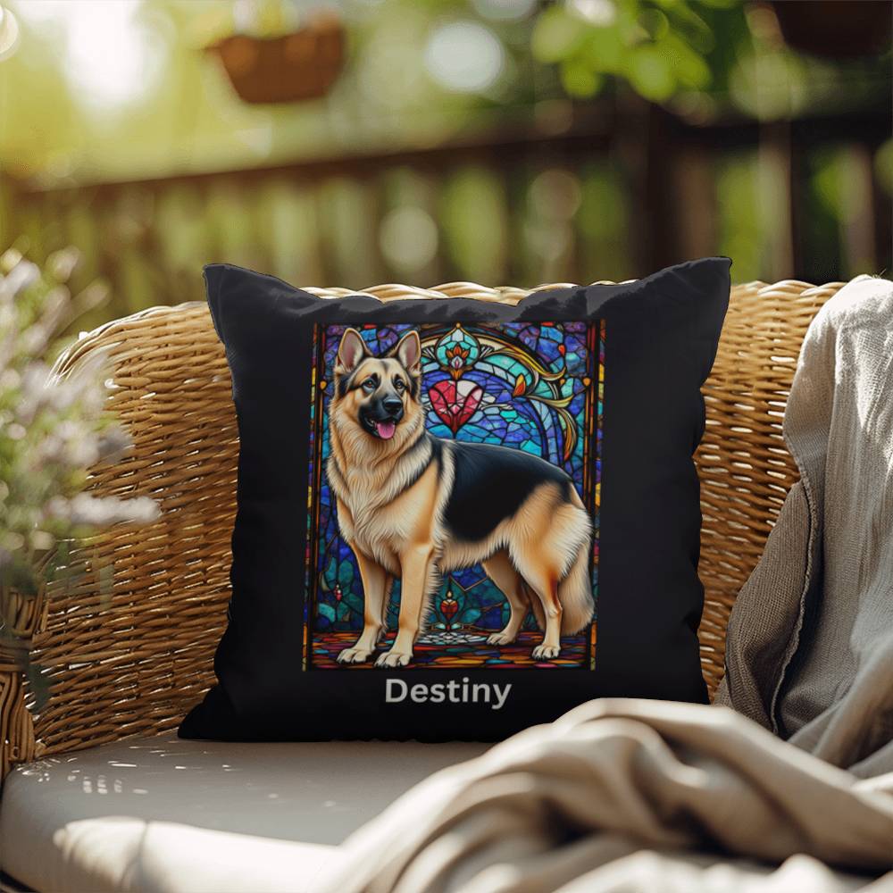 German Shepherd (Black and Cream) Indoor/Outdoor Pillow - Personalized Stained Glass Dog Tribute & Comfort Gift