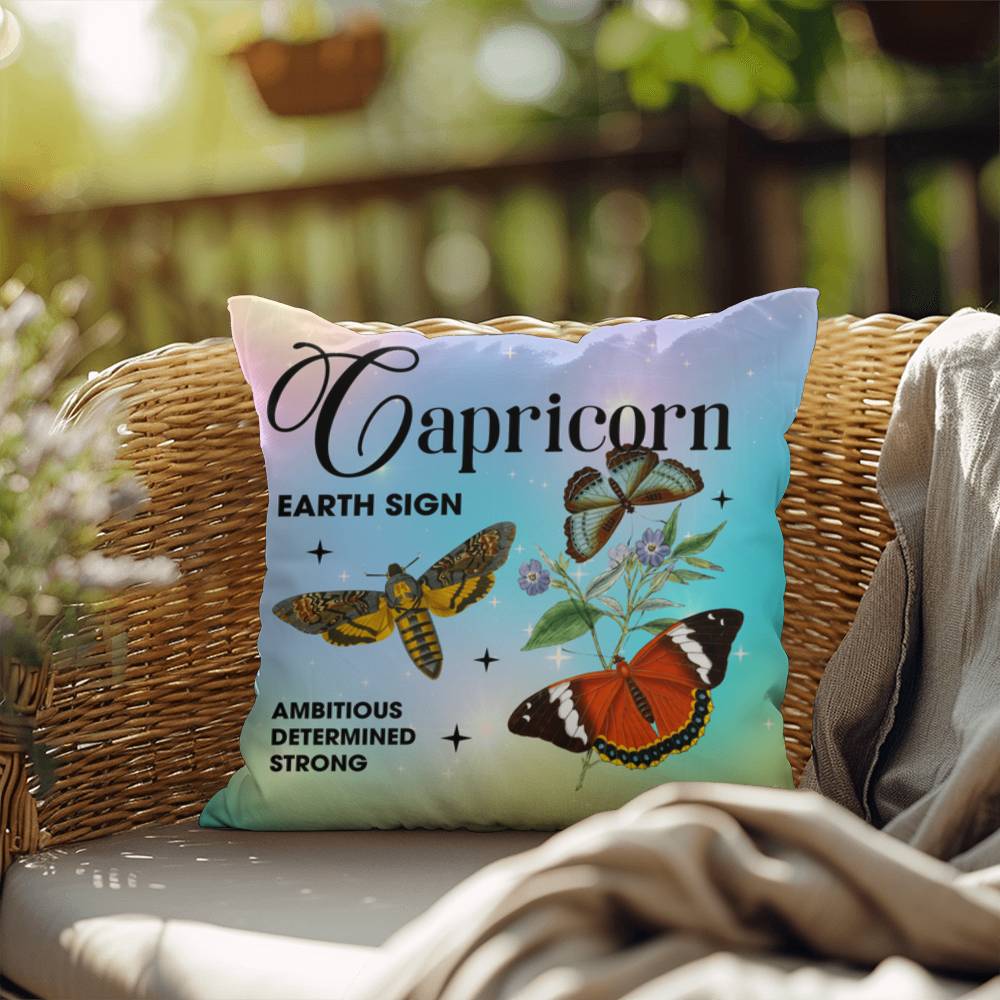Capricorn Butterfly Indoor/Outdoor Pillow – Zodiac Astrology Decor, Boho Accent for Home & Patio