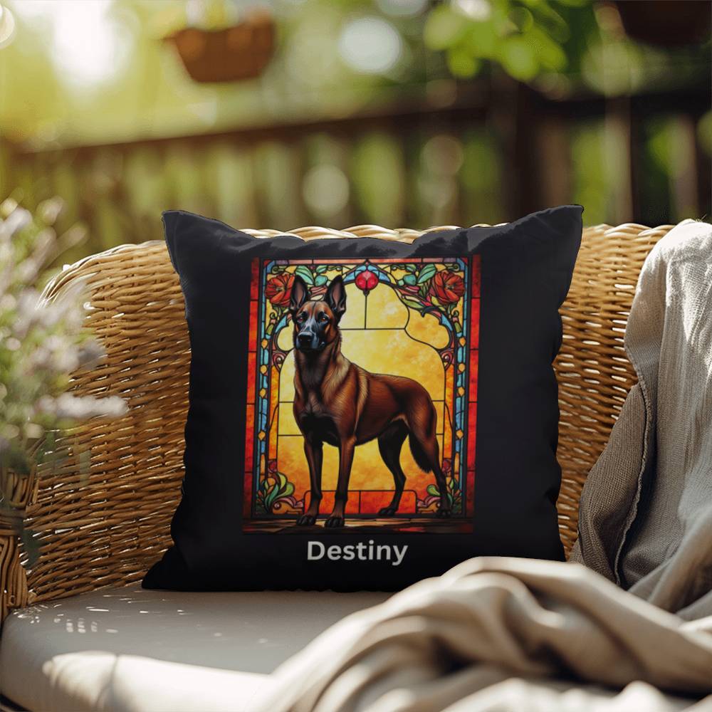 Belgian Malinois (Red Sable) Indoor/Outdoor Pillow - Personalized Stained Glass Dog Tribute & Comfort Gift