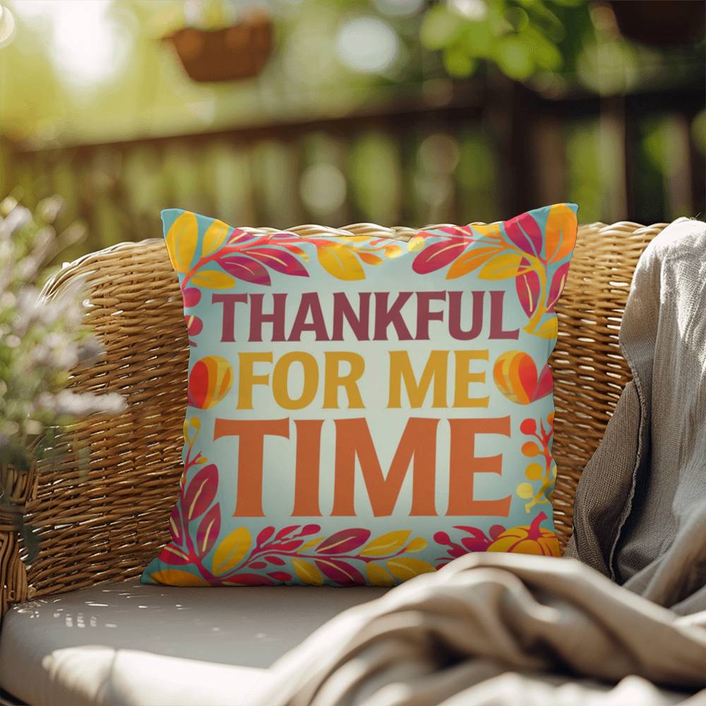 Thankful For Me Time throw pillow with fall mindfulness message and bright cozy home décor