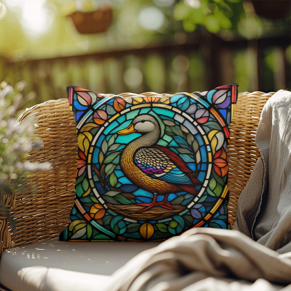 Duck stained glass throw pillow, indoor outdoor farm animal decor, home accent pillow