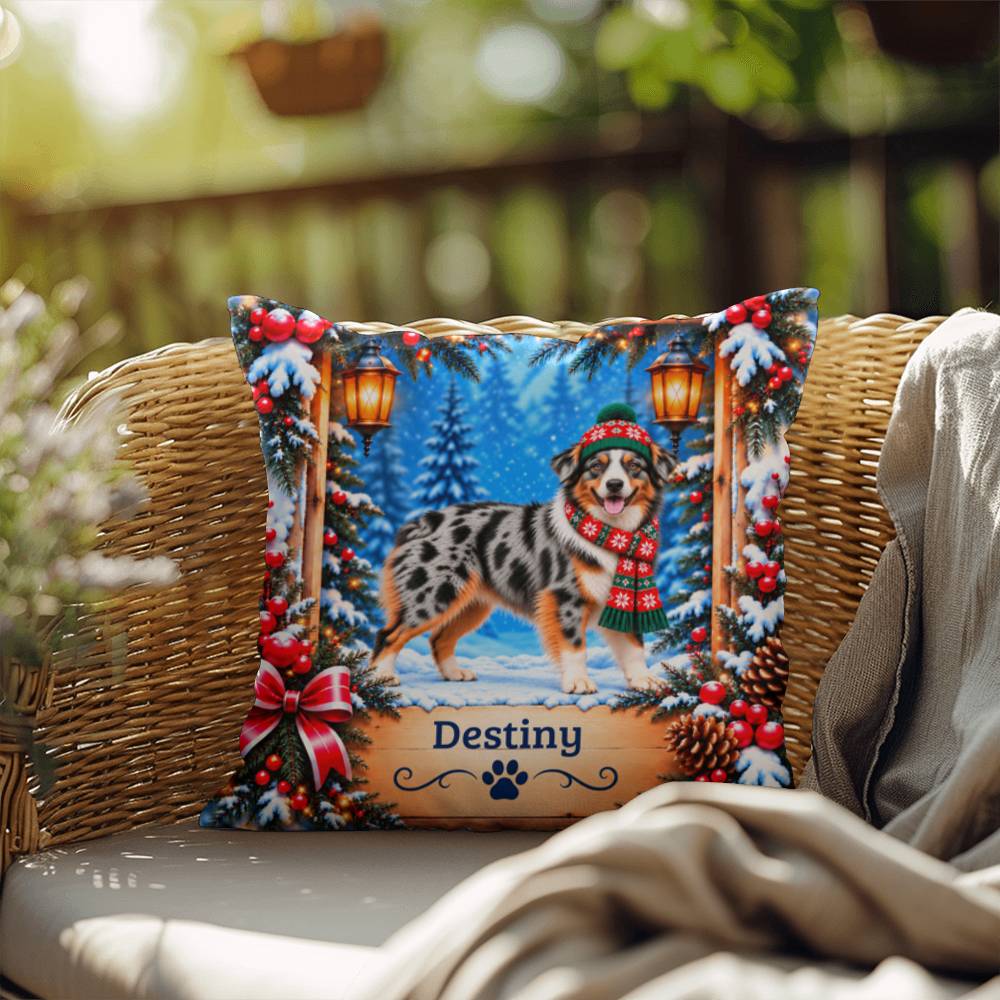 Australian Shepherd (Blue Merle Tri, Amber Eyes) - Personalized Winter Pillow for Aussie Lovers