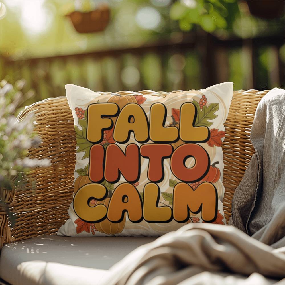 Fall Into Calm throw pillow with autumn gratitude quote, cozy seasonal comfort for Thanksgiving décor