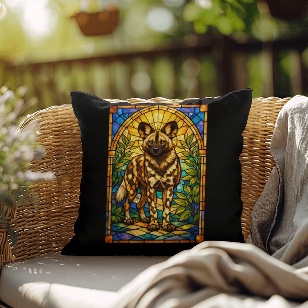 Shop our premium african wild dog stained glass style throw pillow from MySisterIsASurvivor.