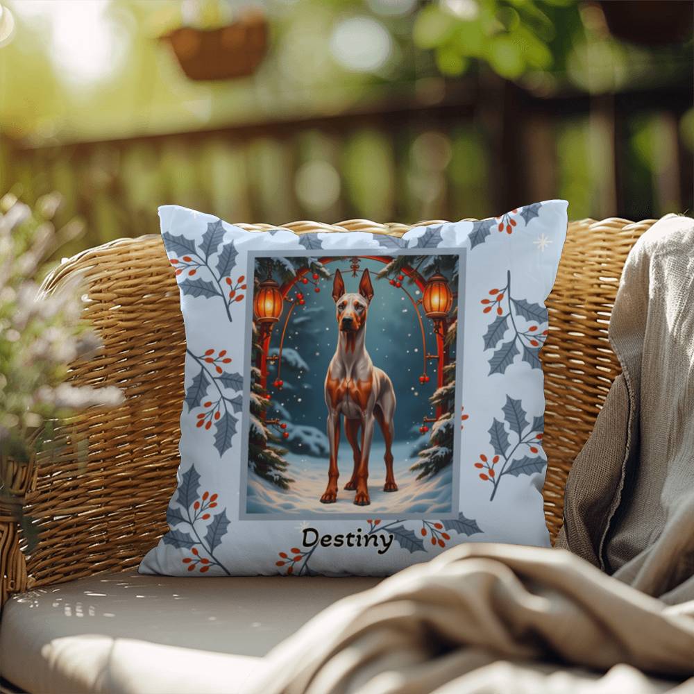 Doberman Fawn & Rust Pillow - Seasonal Doberman dog pillow, winter home accent, personalized holiday throw