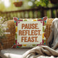 Pause. Reflect. Feast. pillow featuring Thanksgiving gratitude quote and cozy autumn home décor