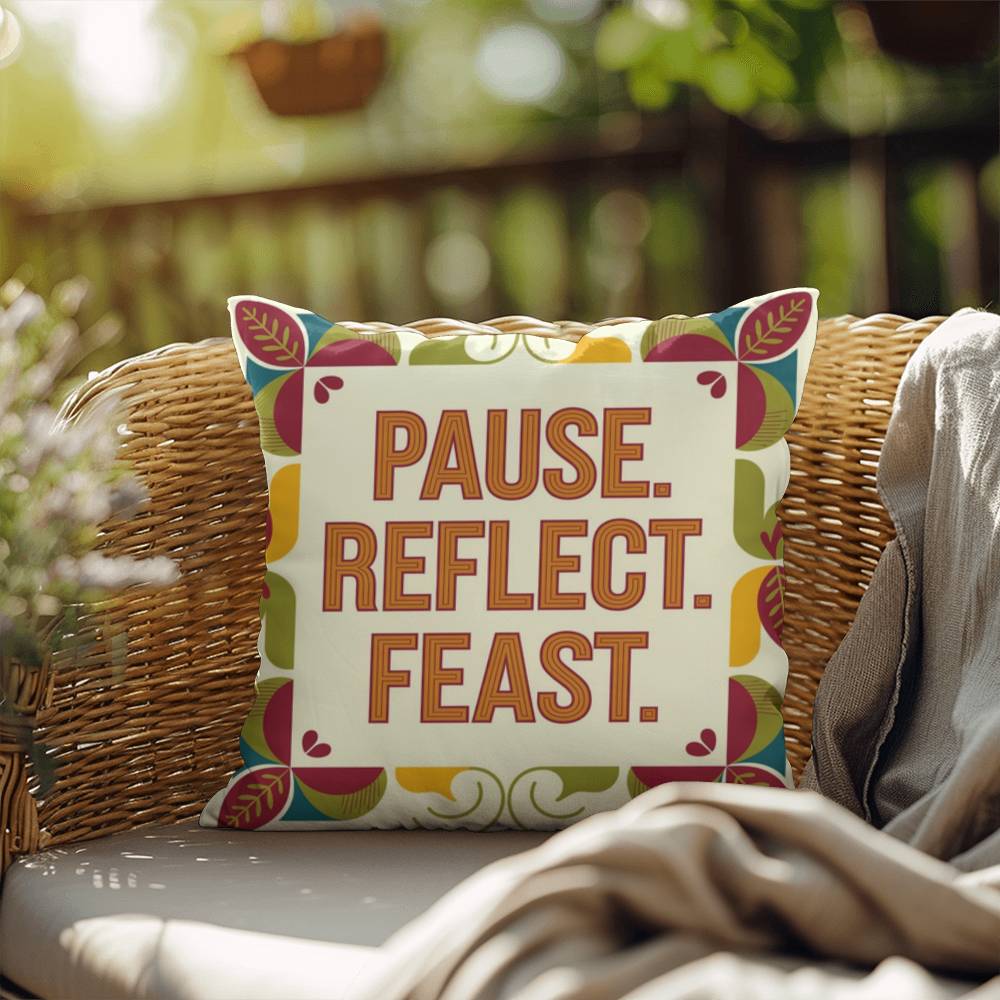 Pause. Reflect. Feast. pillow featuring Thanksgiving gratitude quote and cozy autumn home décor