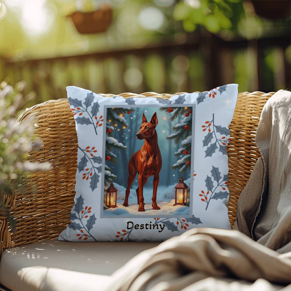 Doberman Red Pillow - Personalized winter dog throw pillow, Doberman home decor, festive accent
