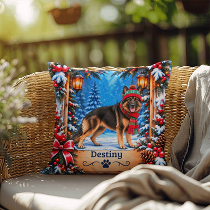 German Shepherd (Bi-Color Coat) - Personalized Winter Lodge Cushion, Custom Dog Name Throw Pillow