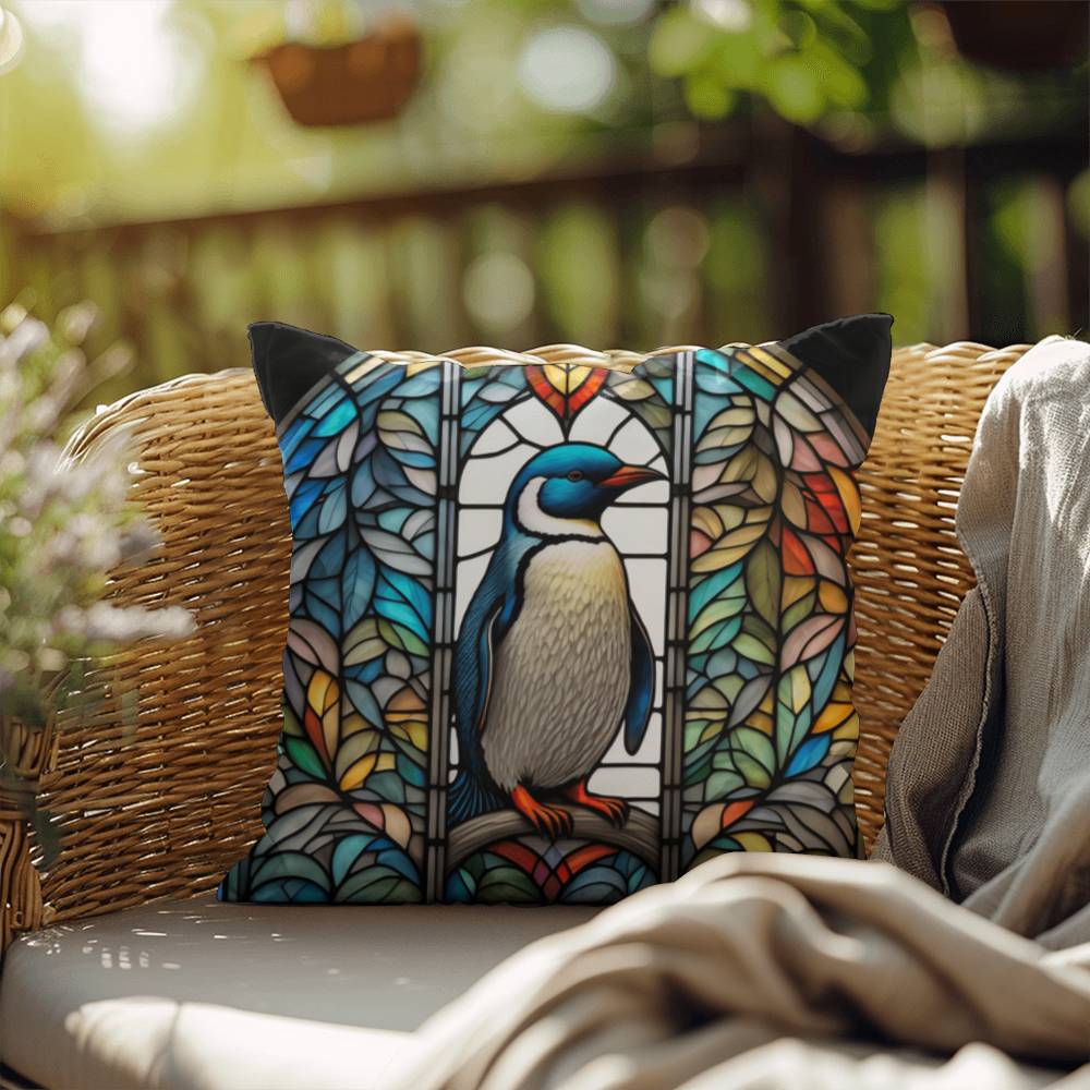 Penguin stained glass throw pillow, Arctic wildlife decor, indoor outdoor accent pillow