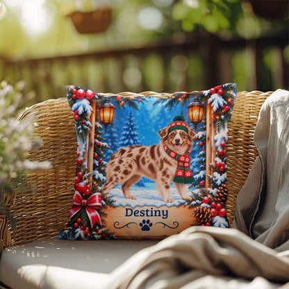 Australian Shepherd (Red Merle Coat, Amber Eyes) - Personalized Dog Name Pillow, Winter Home Gift