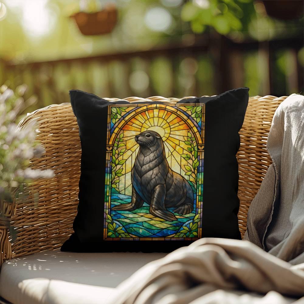 Shop our premium sea lion stained glass style throw pillow from MySisterIsASurvivor.