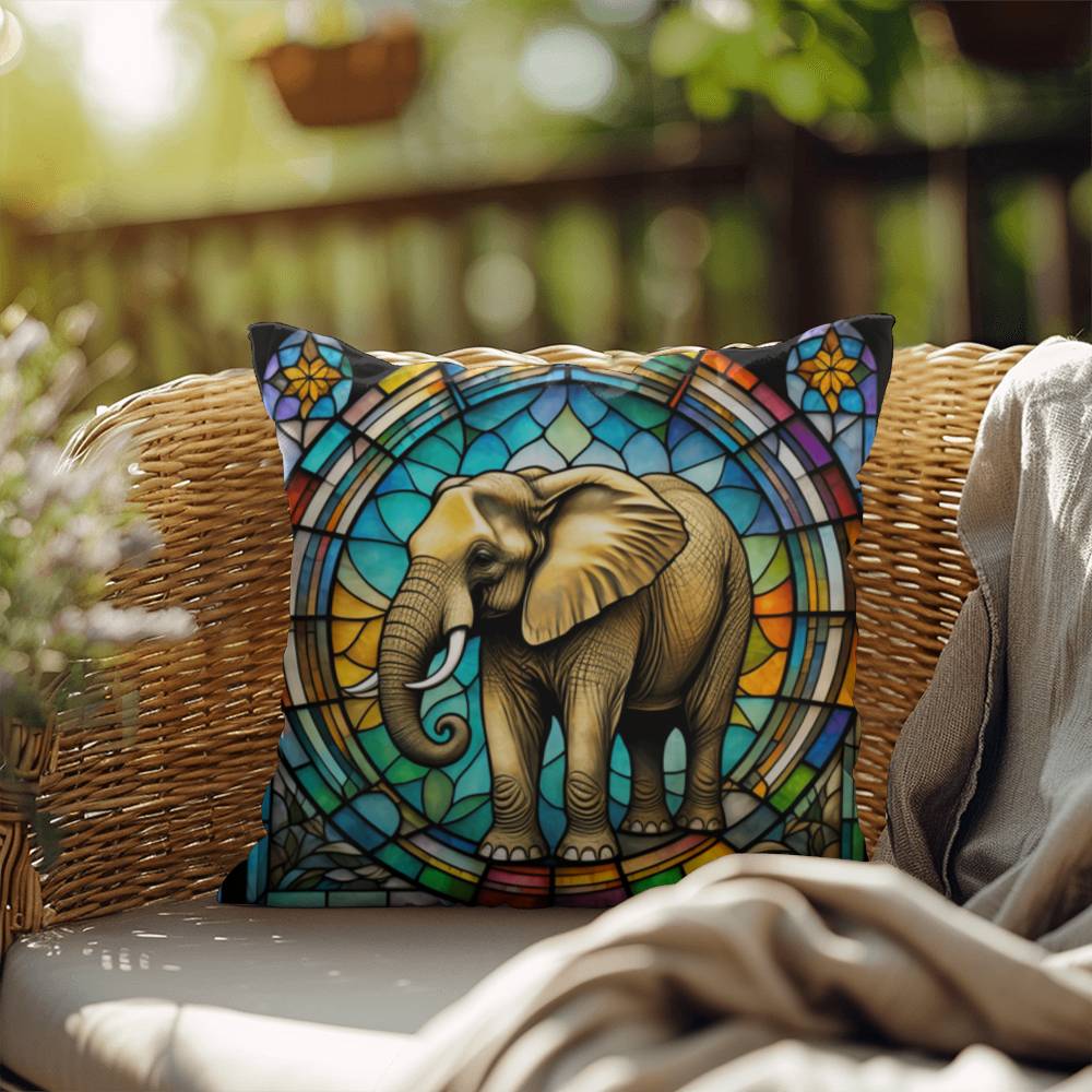 Elephant stained glass throw pillow, safari wildlife home decor, indoor outdoor accent cushion