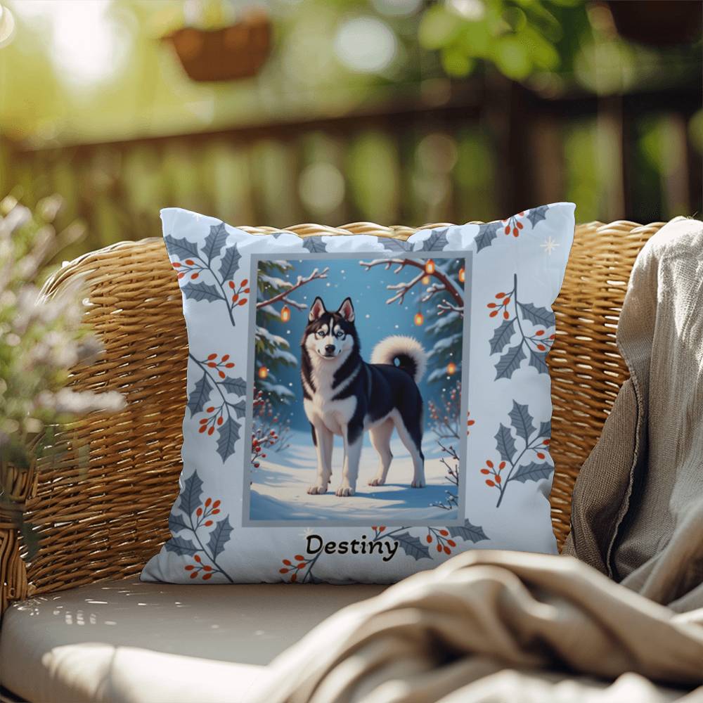 Husky Black & White Pillow - Snow dog winter throw pillow, indoor/outdoor Husky accent, holiday decor
