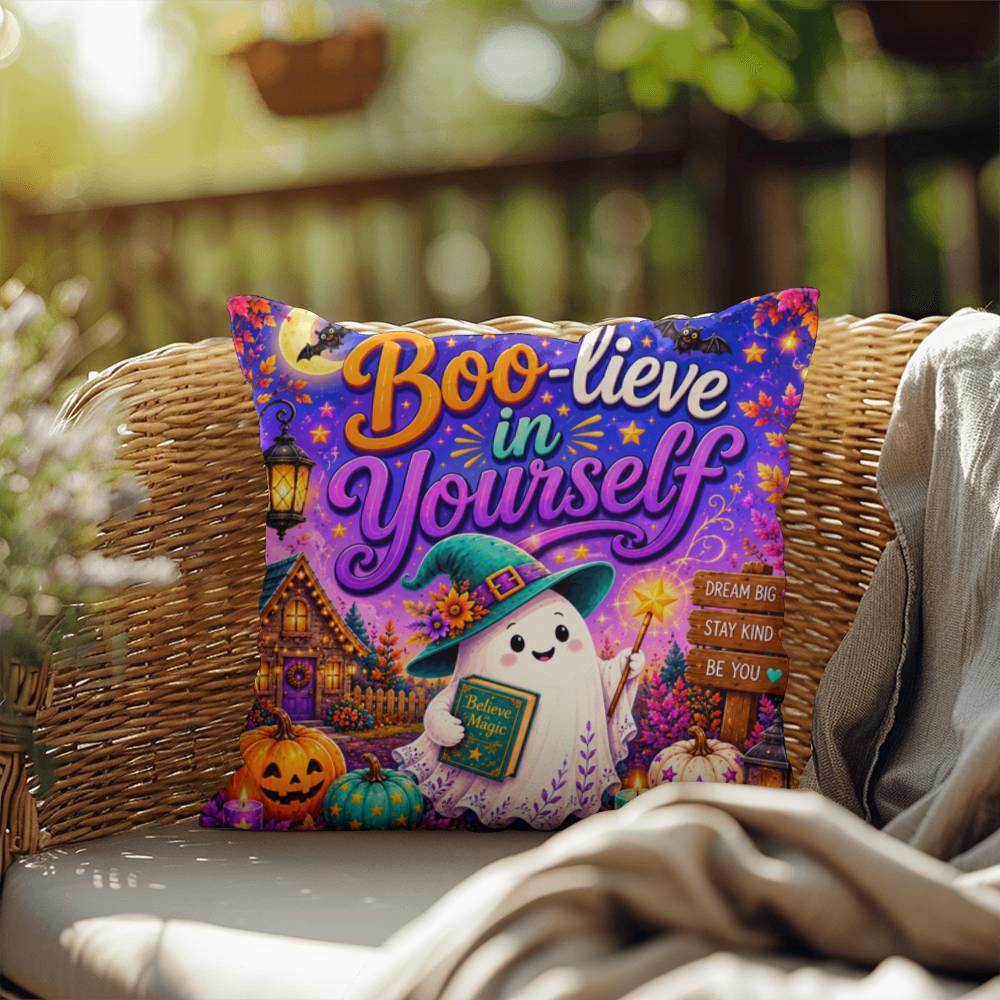 Boo-lieve In Yourself message with friendly ghost illustration on an encouraging Halloween throw pillow