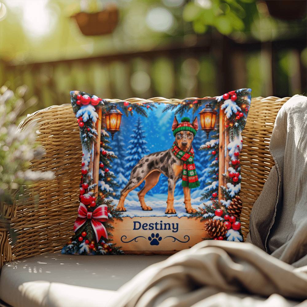 Doberman (Merle Coat) - Personalized Dog Name Cushion, Snowy Woodland Throw Pillow Gift