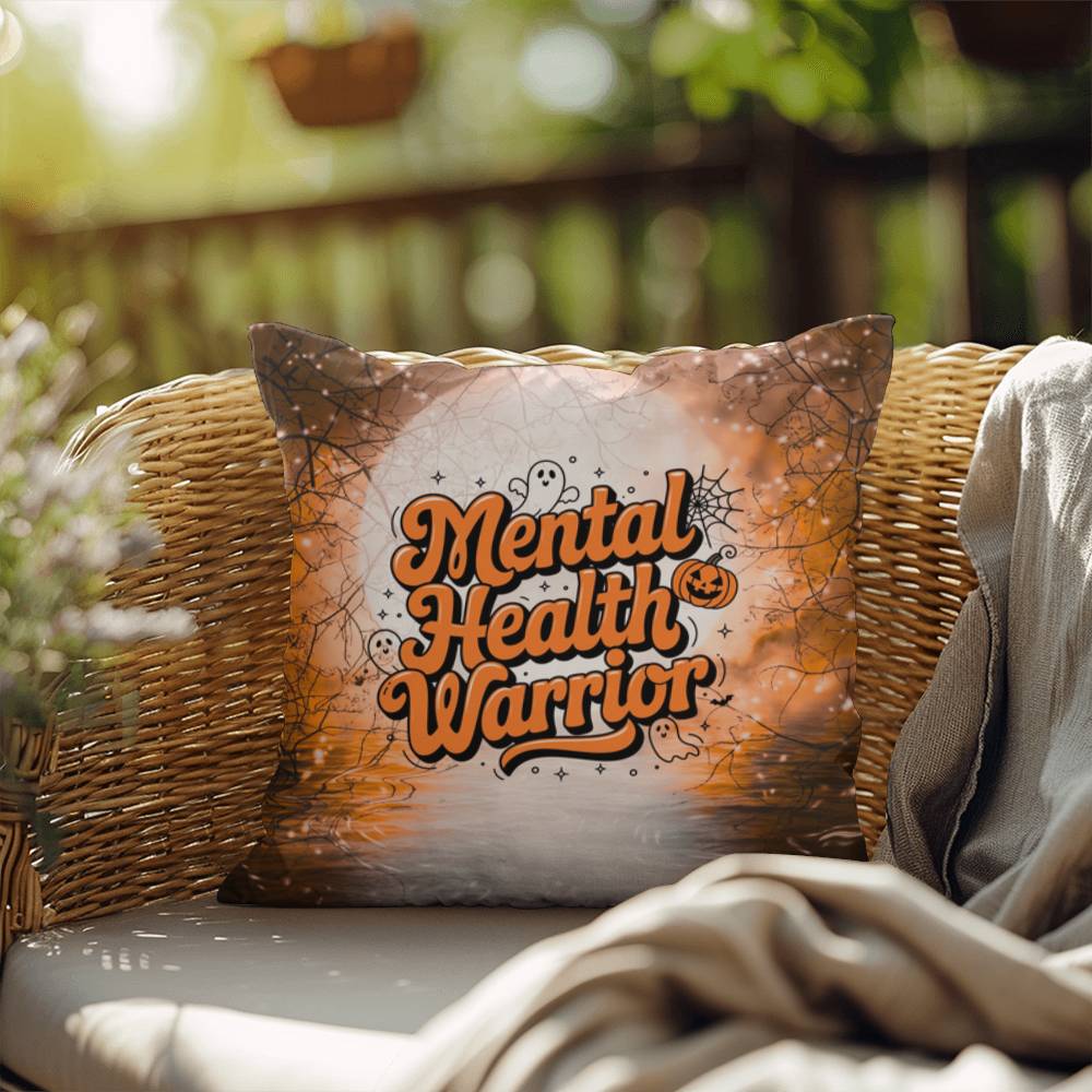 Halloween indoor/outdoor pillow with “Mental Health Warrior” for support and awareness