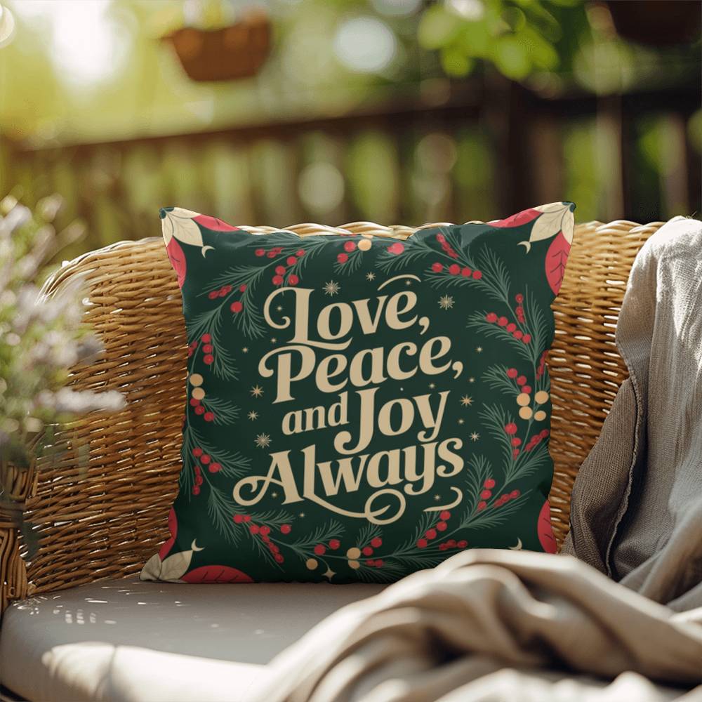 Love, Peace, and Joy Always Throw Pillow - Calm Christmas décor for mindfulness and comfort