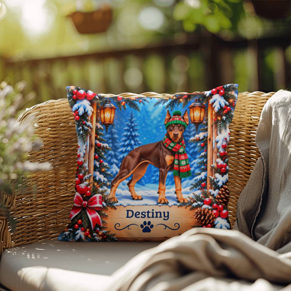 Doberman (Red & Rust Coat) - Custom Dog Name Throw Pillow, Personalized Winter Keepsake Gift