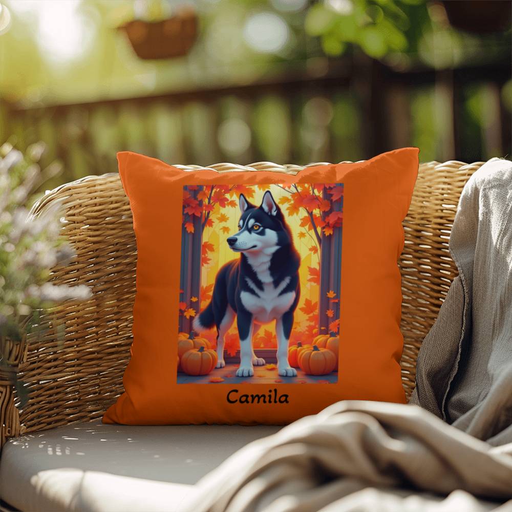 Siberian Husky Black & White Coat (Amber Eyes) Pillow, Indoor Outdoor Dog Cushion, Personalized