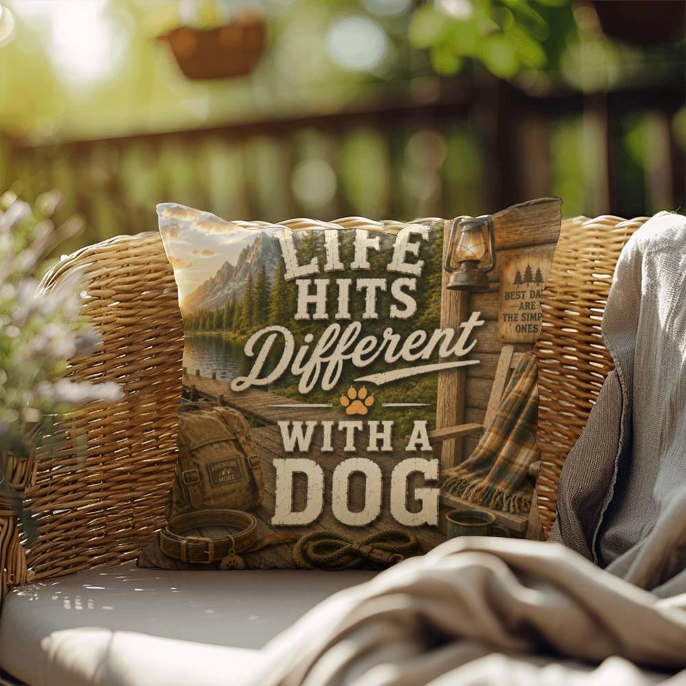 Shop our premium life hits different with a dog throw pillow from MySisterIsASurvivor.