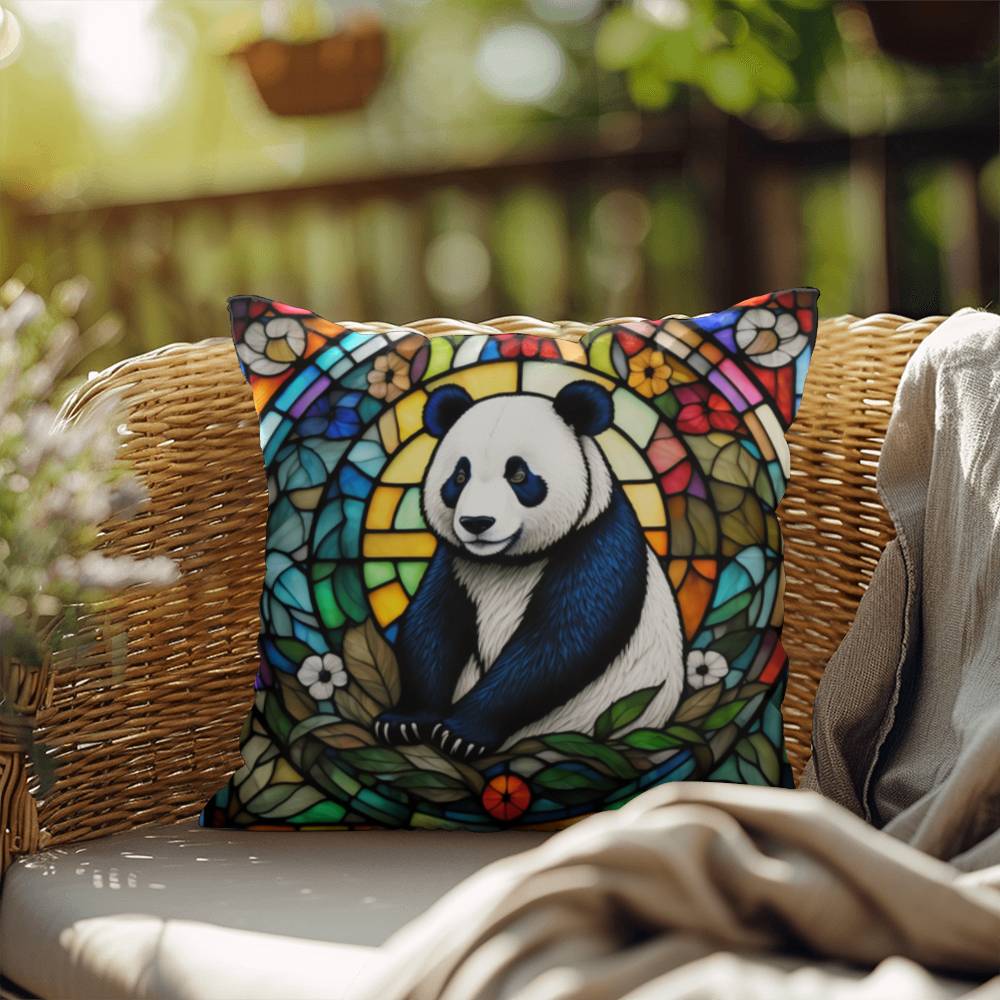 Panda stained glass throw pillow, wildlife animal decor, indoor outdoor cozy home accent