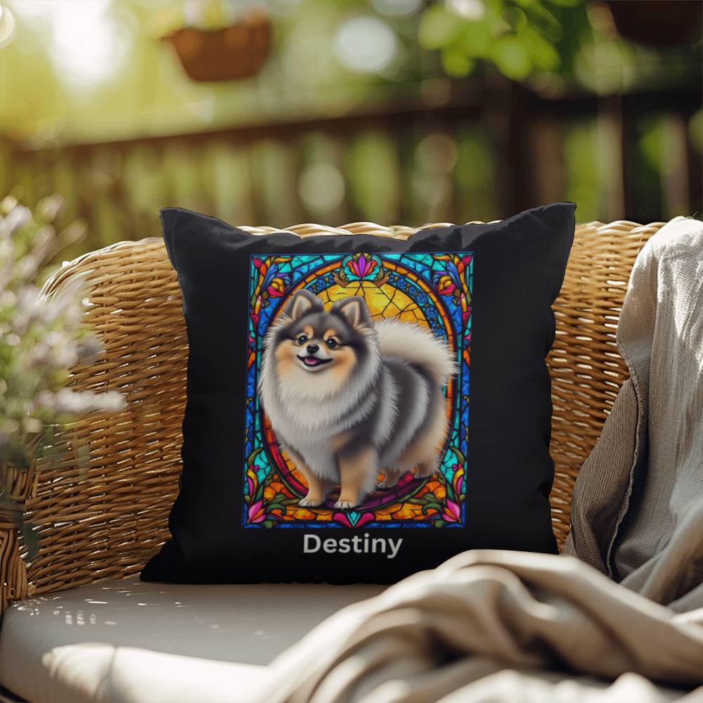 Pomeranian (Wolf Sable) Indoor/Outdoor Pillow - Personalized Stained Glass Dog Tribute & Comfort Gift