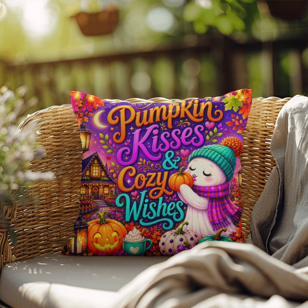 Pumpkin Kisses & Cozy Wishes saying with cute autumn artwork on a Halloween throw pillow